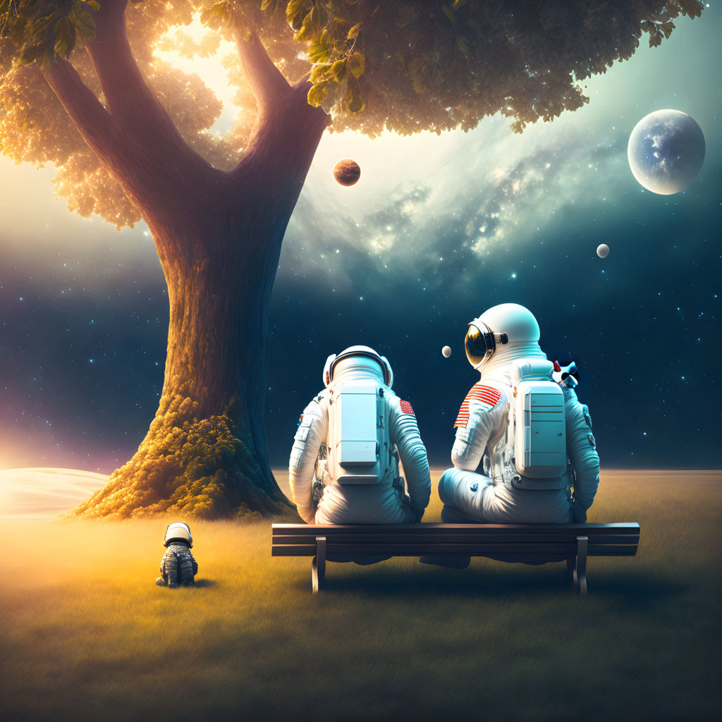 Astronauts on bench under tree in surreal landscape with multiple moons.