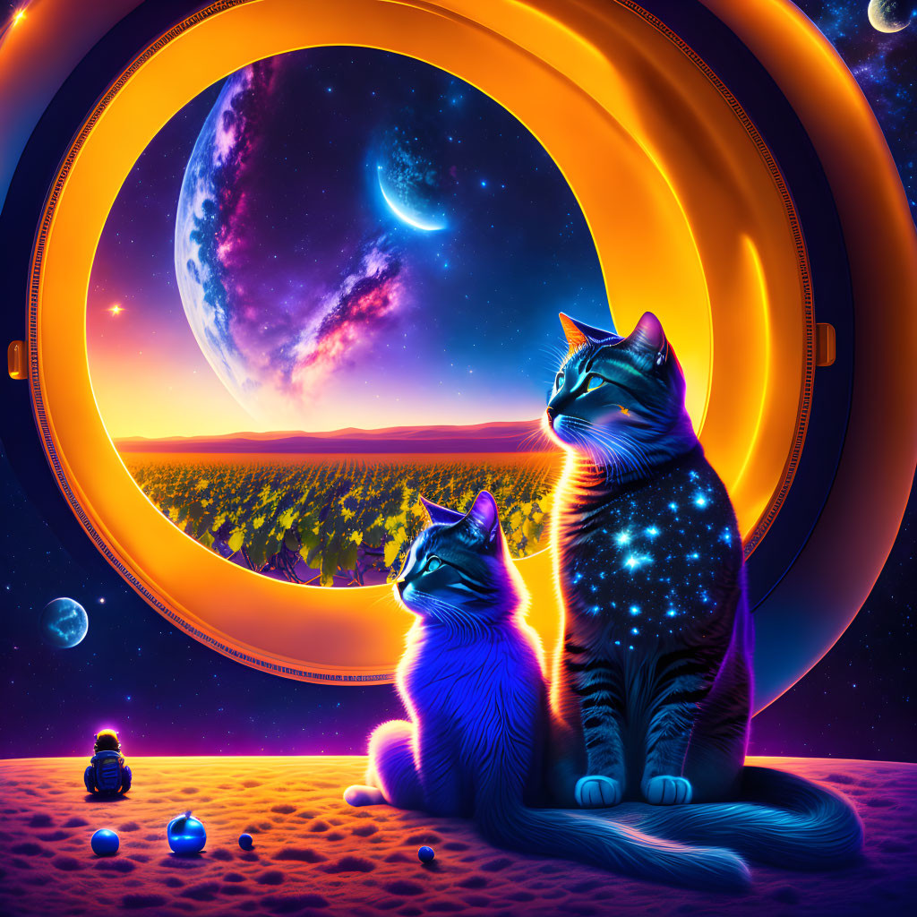 Cosmic-patterned cats by window overlooking alien landscape