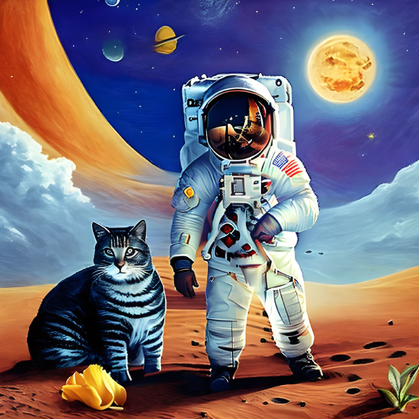 Astronaut on surreal alien landscape with cat, flower, planets, and sun