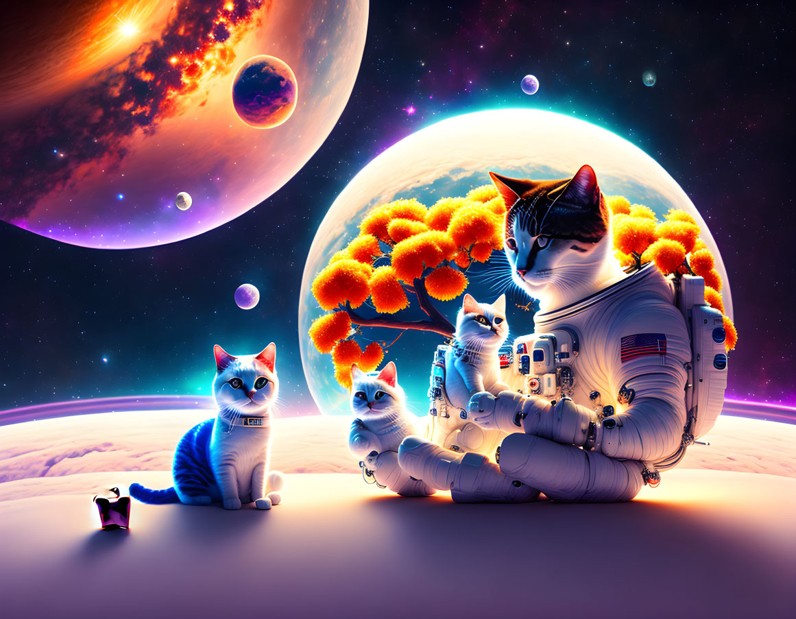 Astronaut with cats on vibrant alien planet