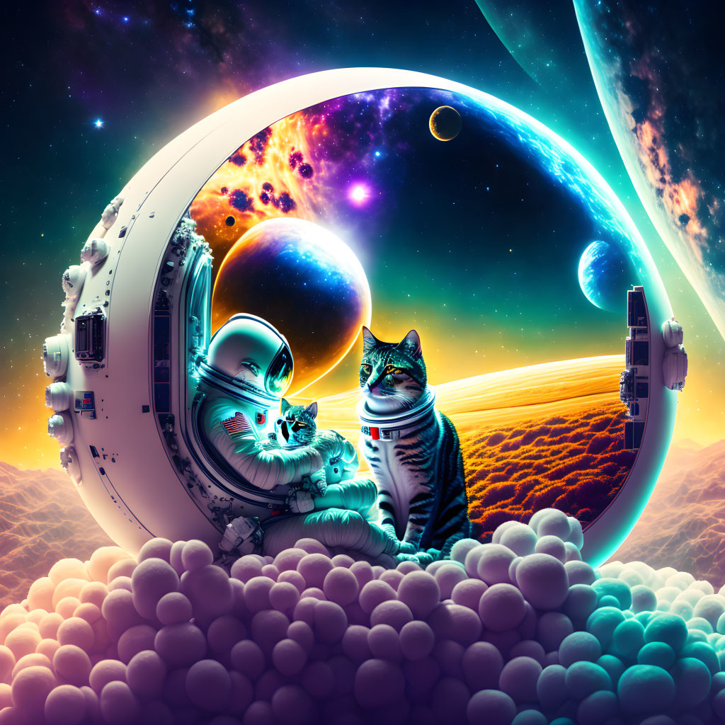 Surreal cosmic artwork: astronaut, cats in spacesuits, vibrant alien landscape