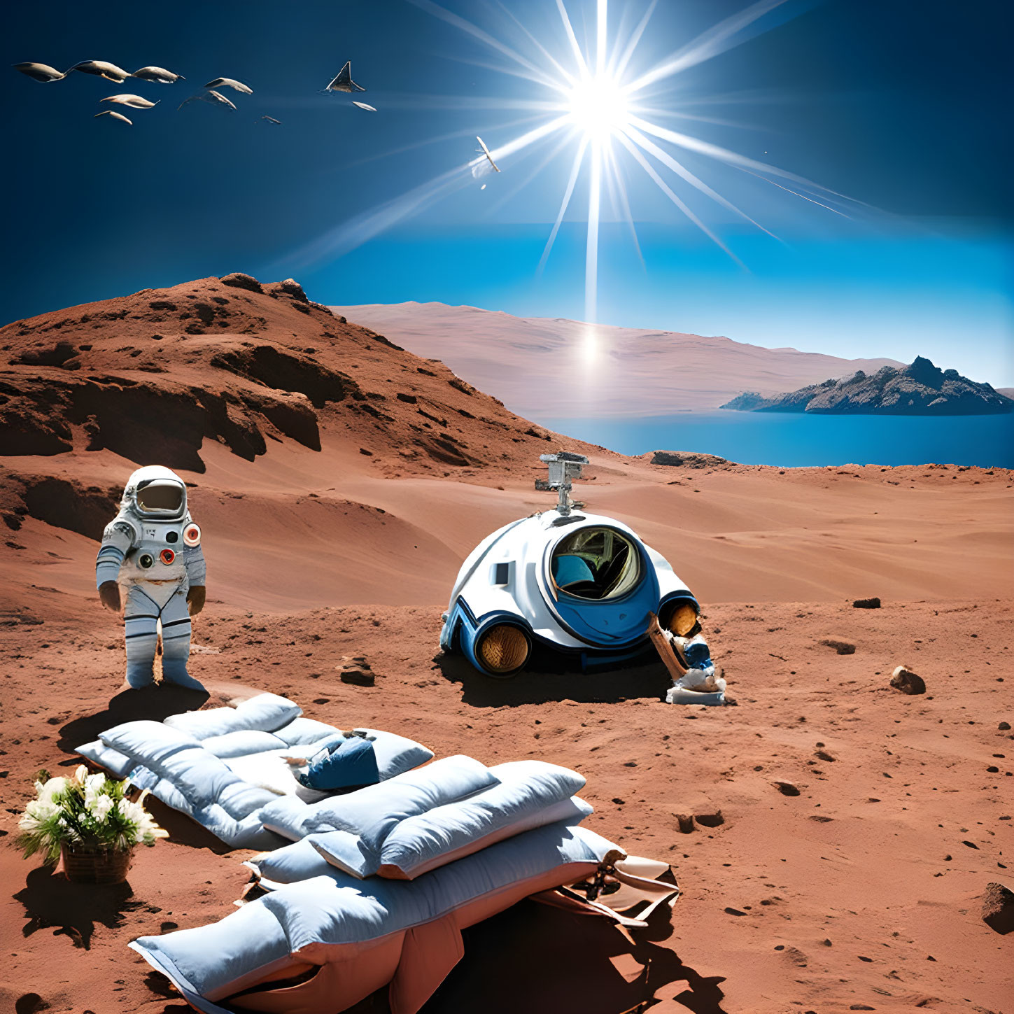 Astronaut on Mars-like landscape with rover, bed, Earth in sky, and flying birds