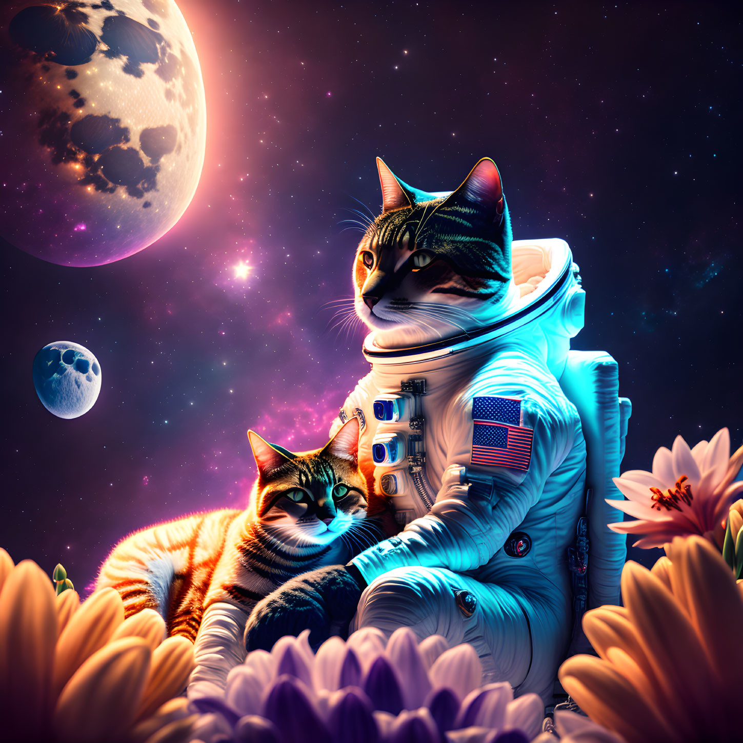 Two cats in astronaut suits embrace in flower field under starry sky.