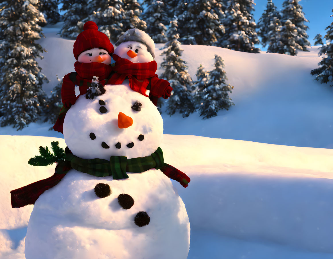 Cheerful snowman with carrot nose, scarf, hat, and two plush snowmen on head