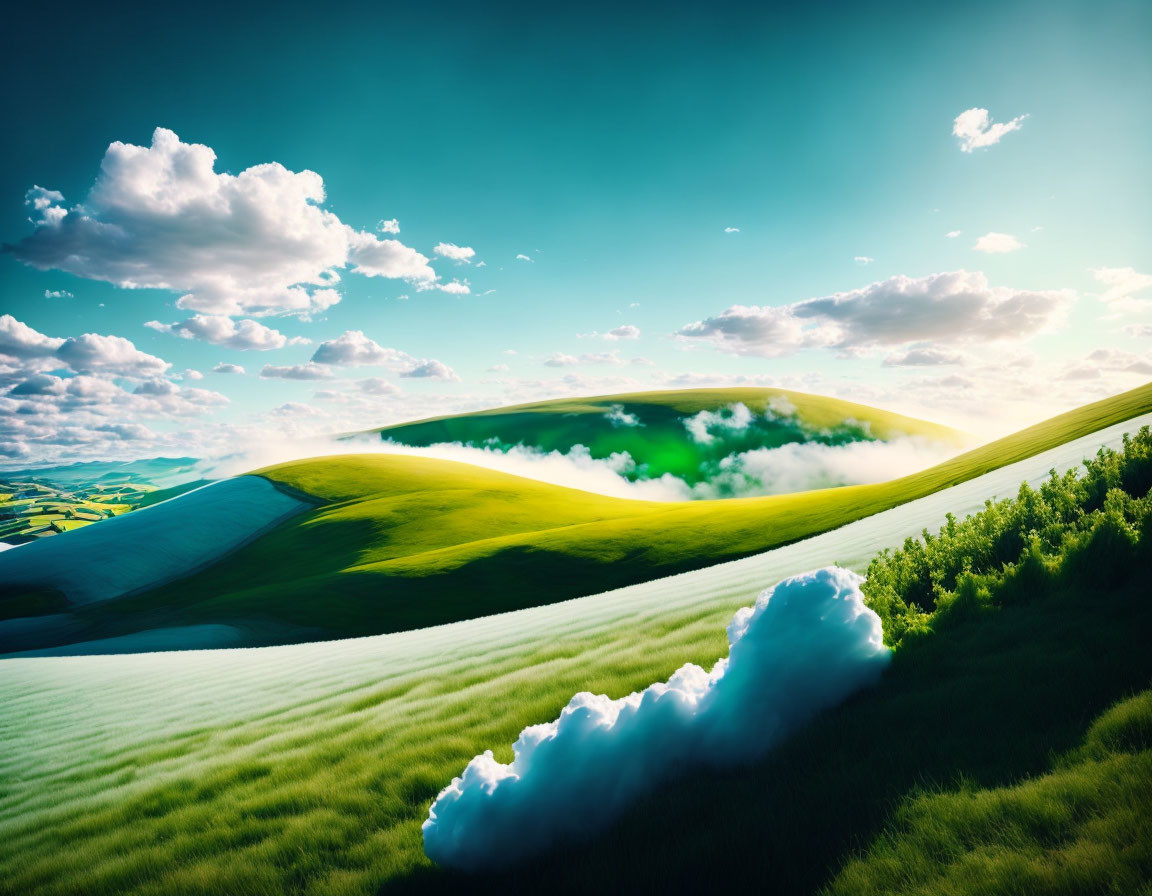 Vibrant green hills under clear blue sky with clouds, surreal landscape.