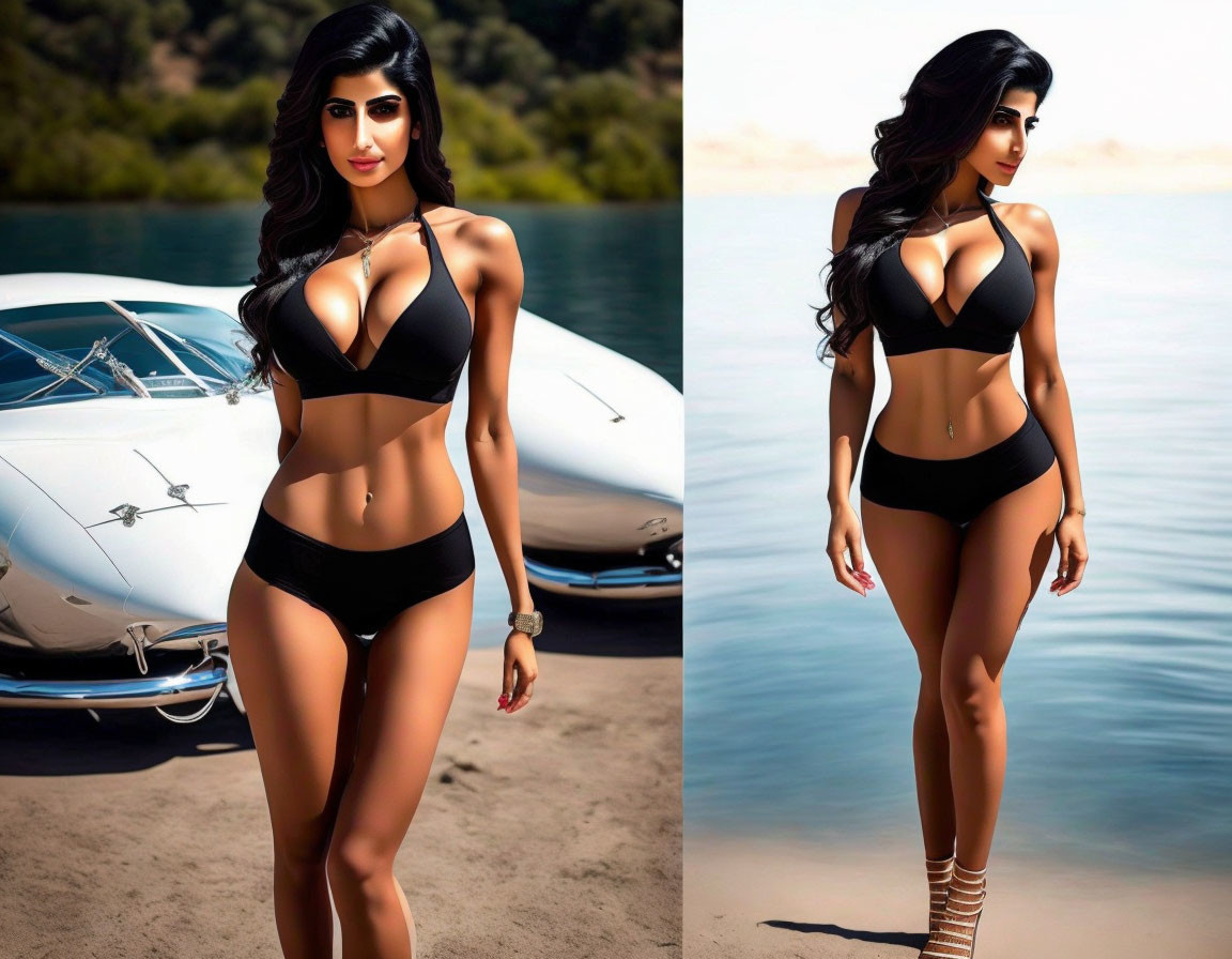 Woman in Black Bikini Poses by Lake with Vintage Car