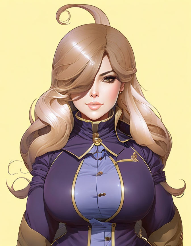 Blonde woman illustration with curly hair and purple outfit