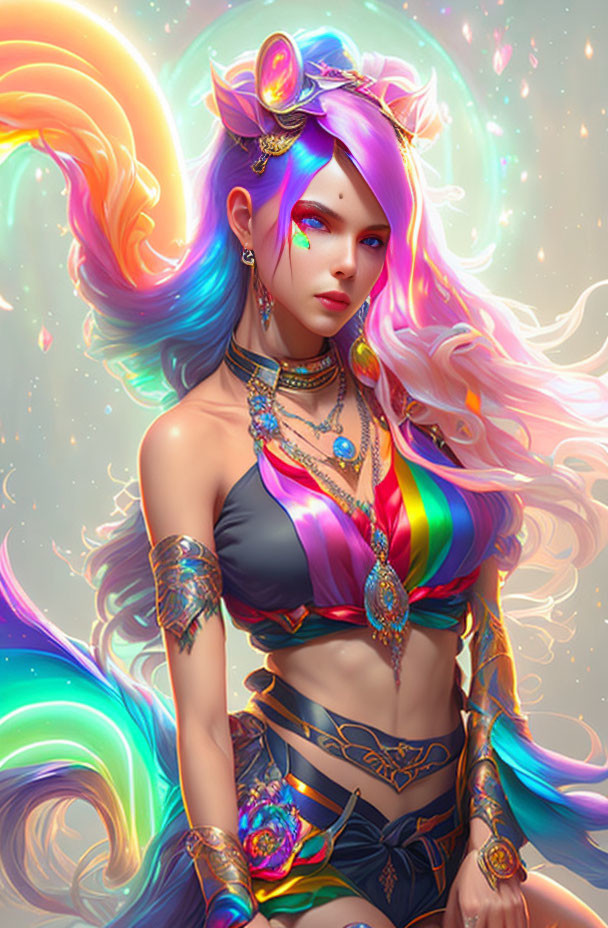 Colorful fantasy illustration of female figure with flowing hair and vibrant attire on pastel background