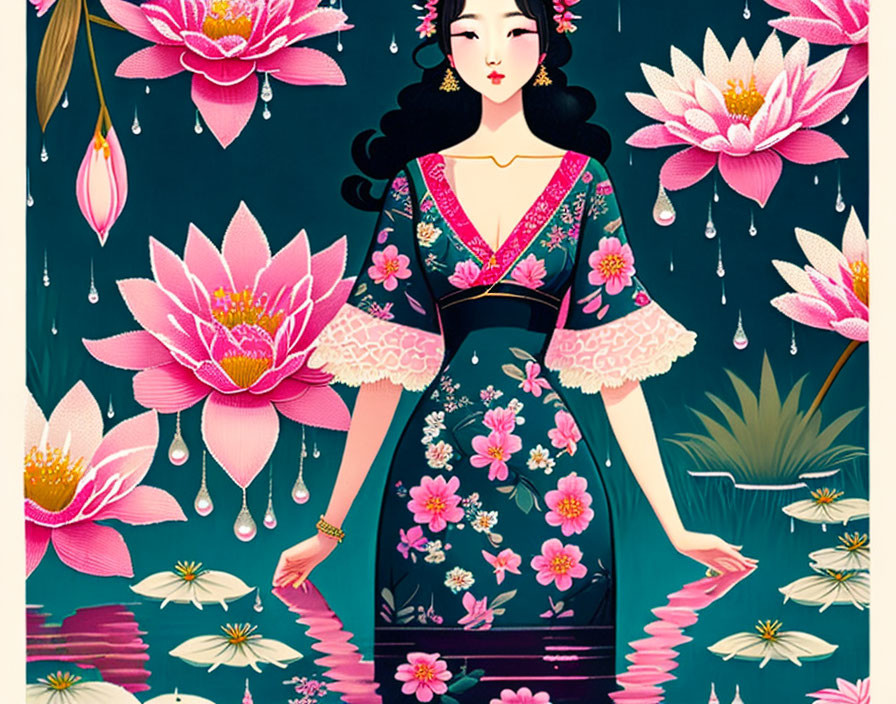 Stylized illustration of woman in traditional attire with pink flowers, giant lotus flowers, and reflective