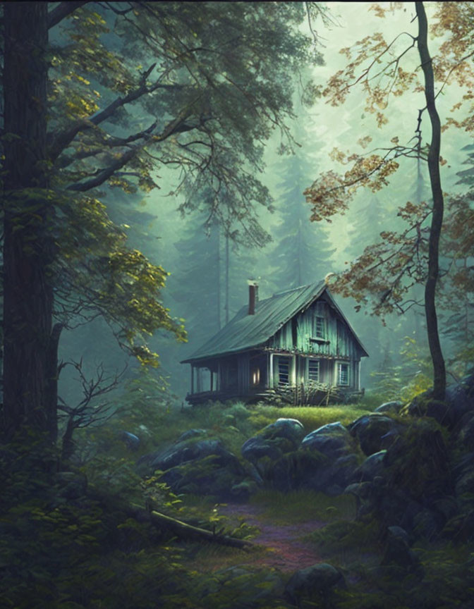 Rustic wooden cabin in misty forest with light filtering through trees