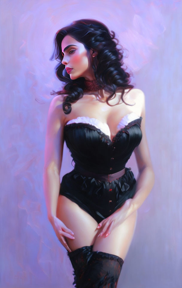 Dark-haired woman in black corset on purple background