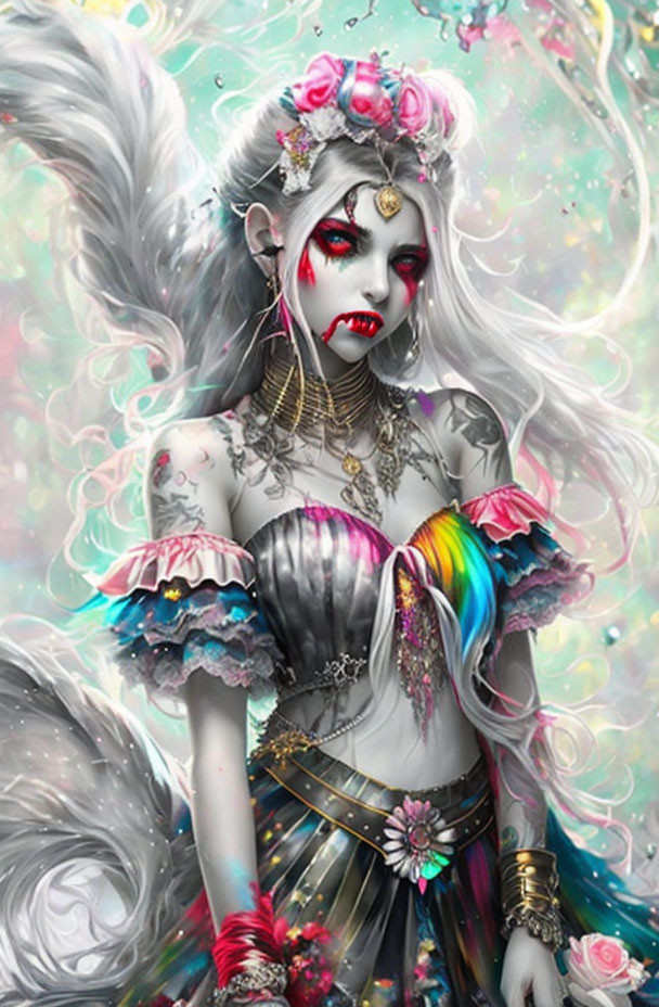 Fantasy character with white hair, red eyes, fangs, colorful attire, and mystical aura on