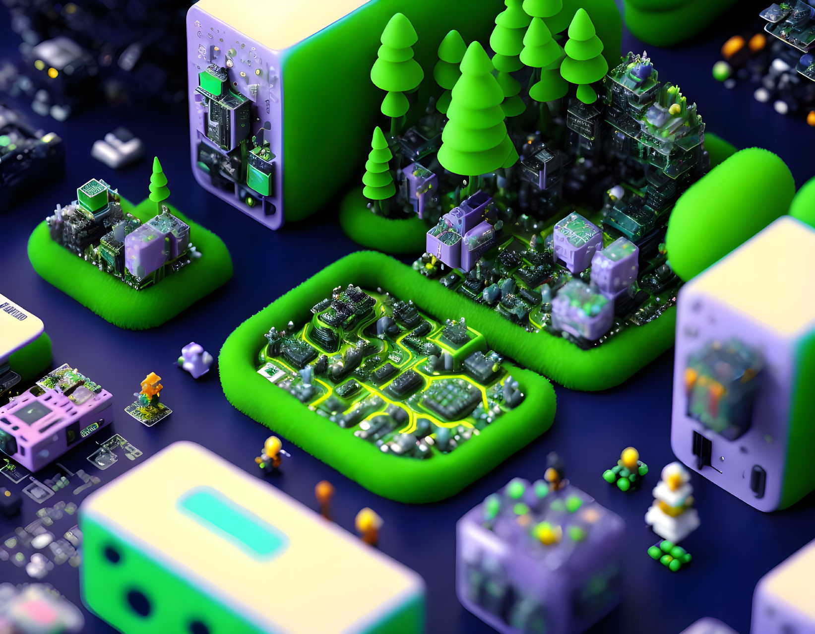 Colorful miniature landscape with motherboard components and digital life figurines