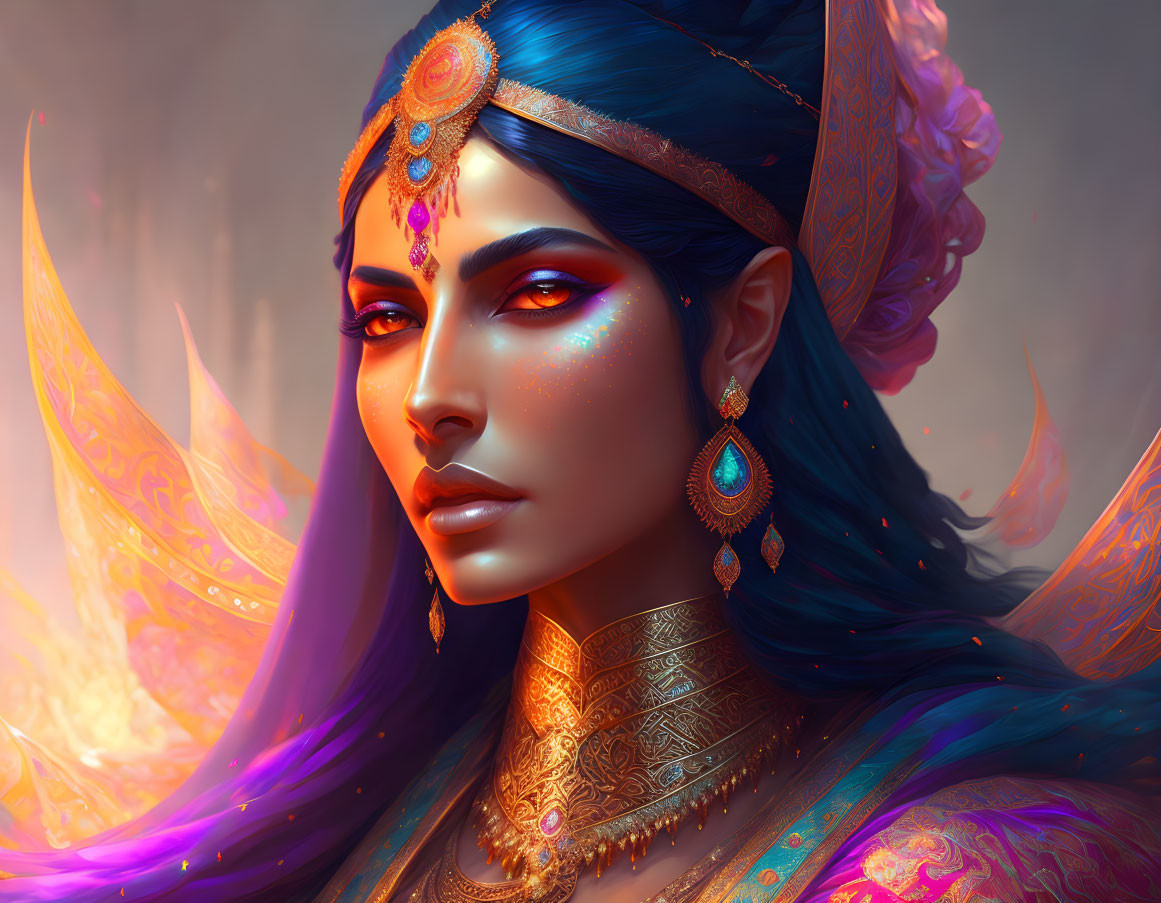 Fantasy digital artwork of blue-skinned woman with gold jewelry and glowing wings