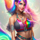 Colorful fantasy illustration of female figure with flowing hair and vibrant attire on pastel background