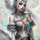 Fantasy character with white hair, red eyes, fangs, colorful attire, and mystical aura on