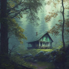 Rustic wooden cabin in misty forest with light filtering through trees