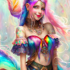 Vibrant fantasy illustration of a woman with rainbow hair and golden jewelry