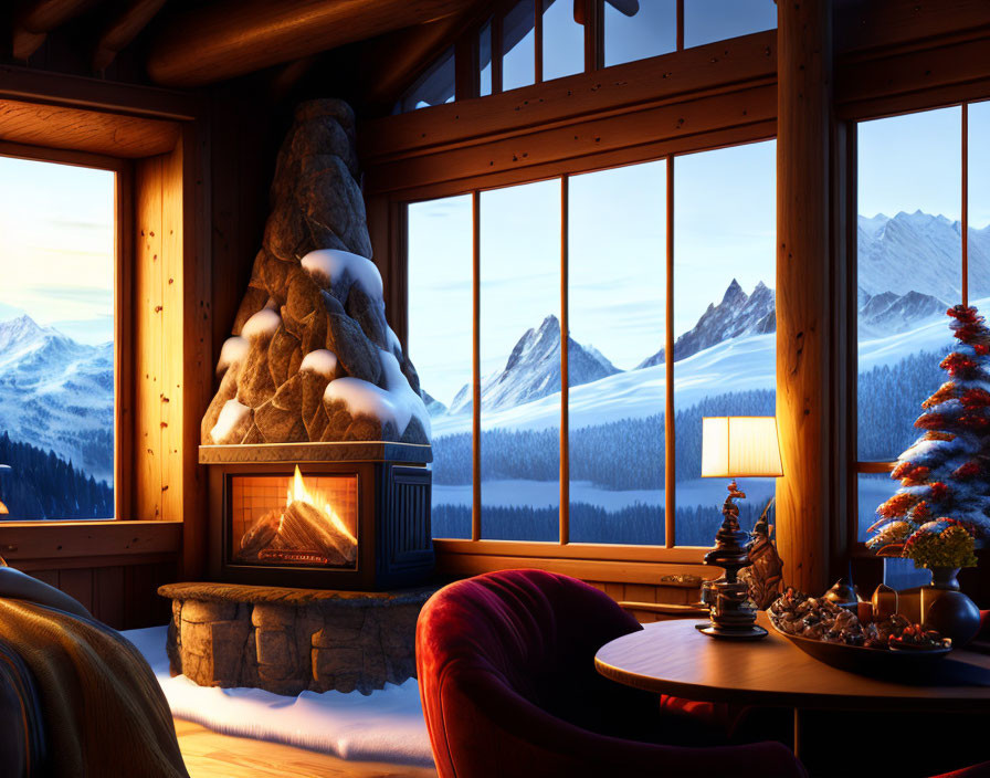 Snowy Mountain View Cabin Interior with Fireplace and Festive Decor