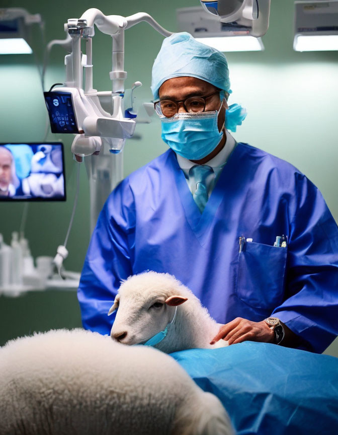 Veterinarian in scrubs with lamb in operating room under surgical lights