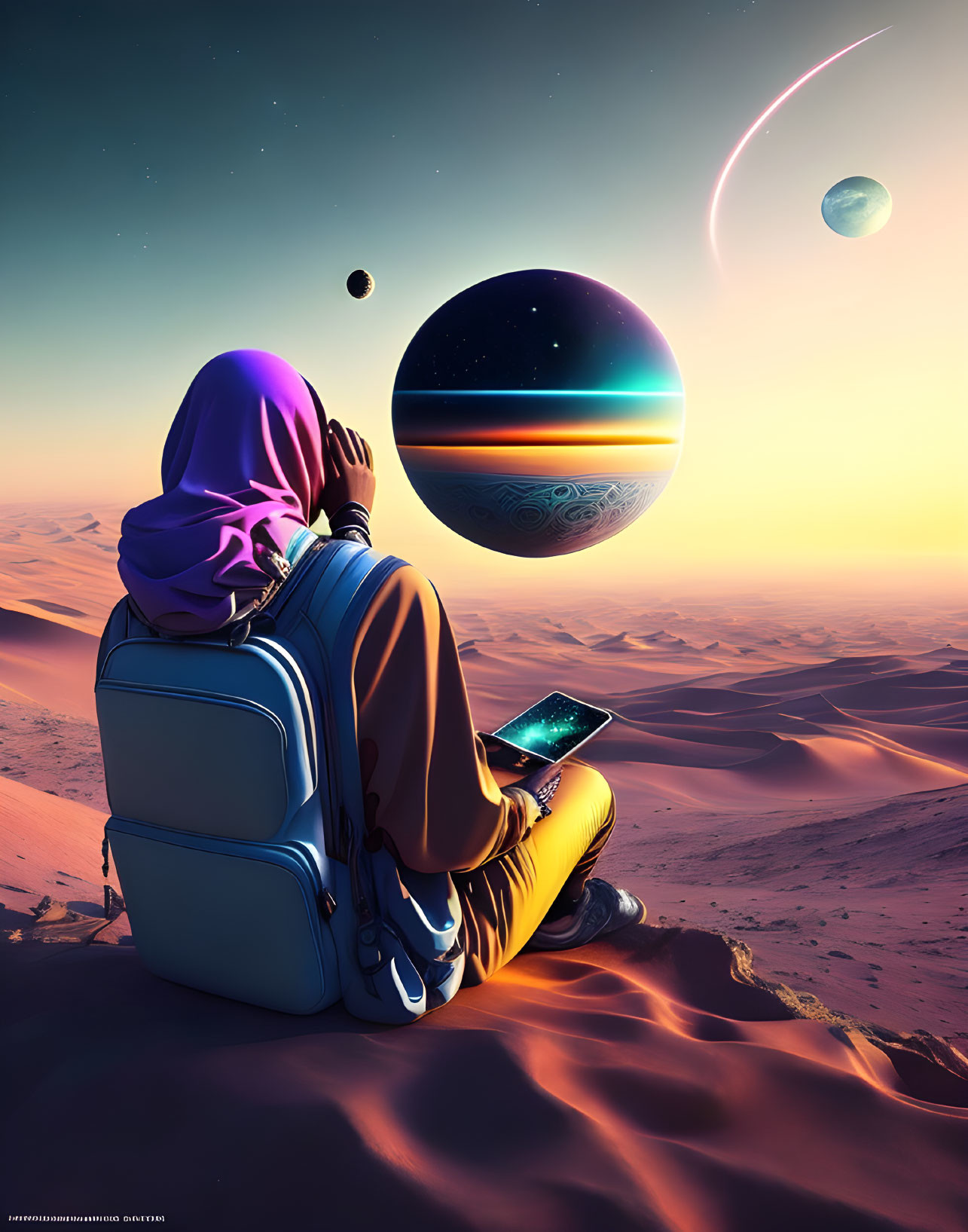 Person sitting on sandy dune under surreal planets with glowing device in hand.