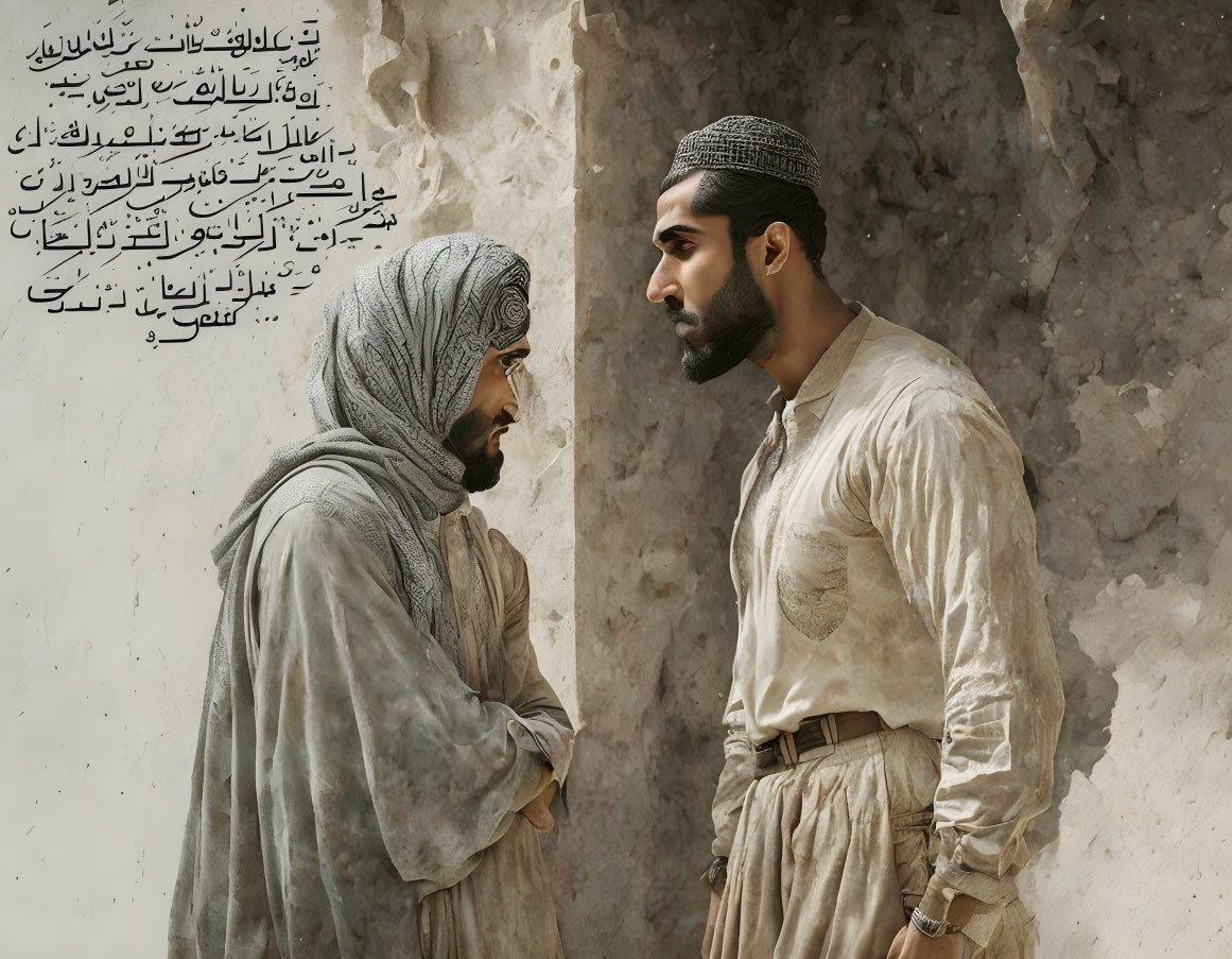 Men in traditional Middle Eastern attire conversing by old Arabic script wall