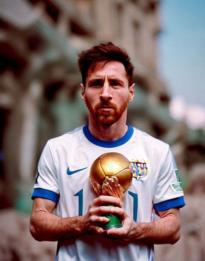 Man in Light Blue Sports Jersey Holding Golden Trophy in Front of Blurred Architecture