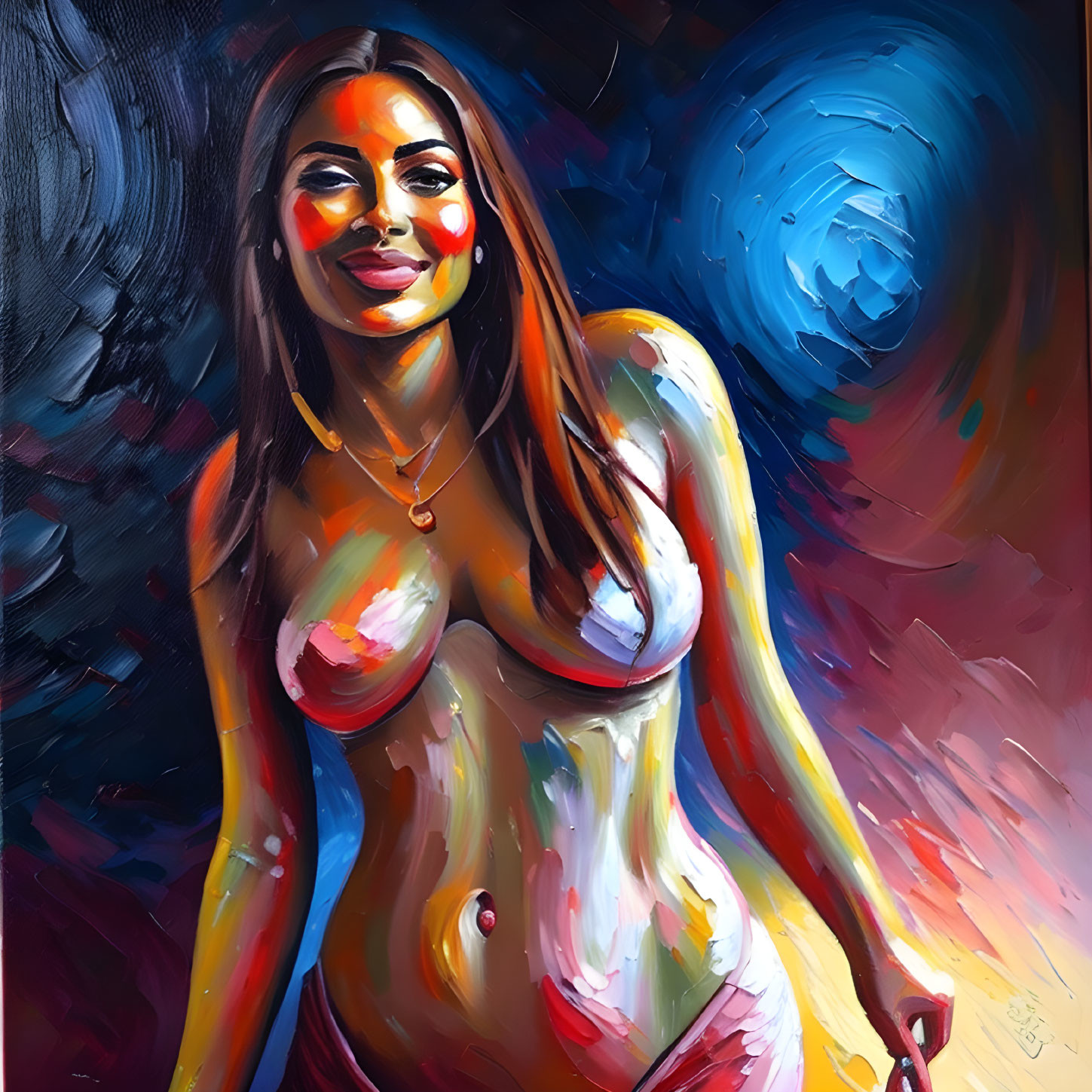 Colorful Abstract Painting of Smiling Woman in Vibrant Tones