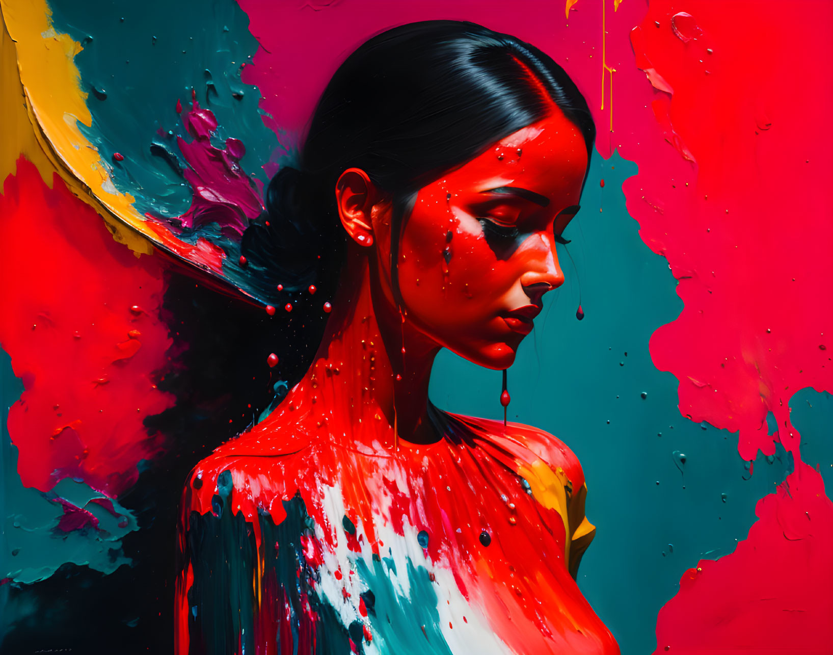 Colorful digital artwork of a contemplative woman merging with dynamic red paint