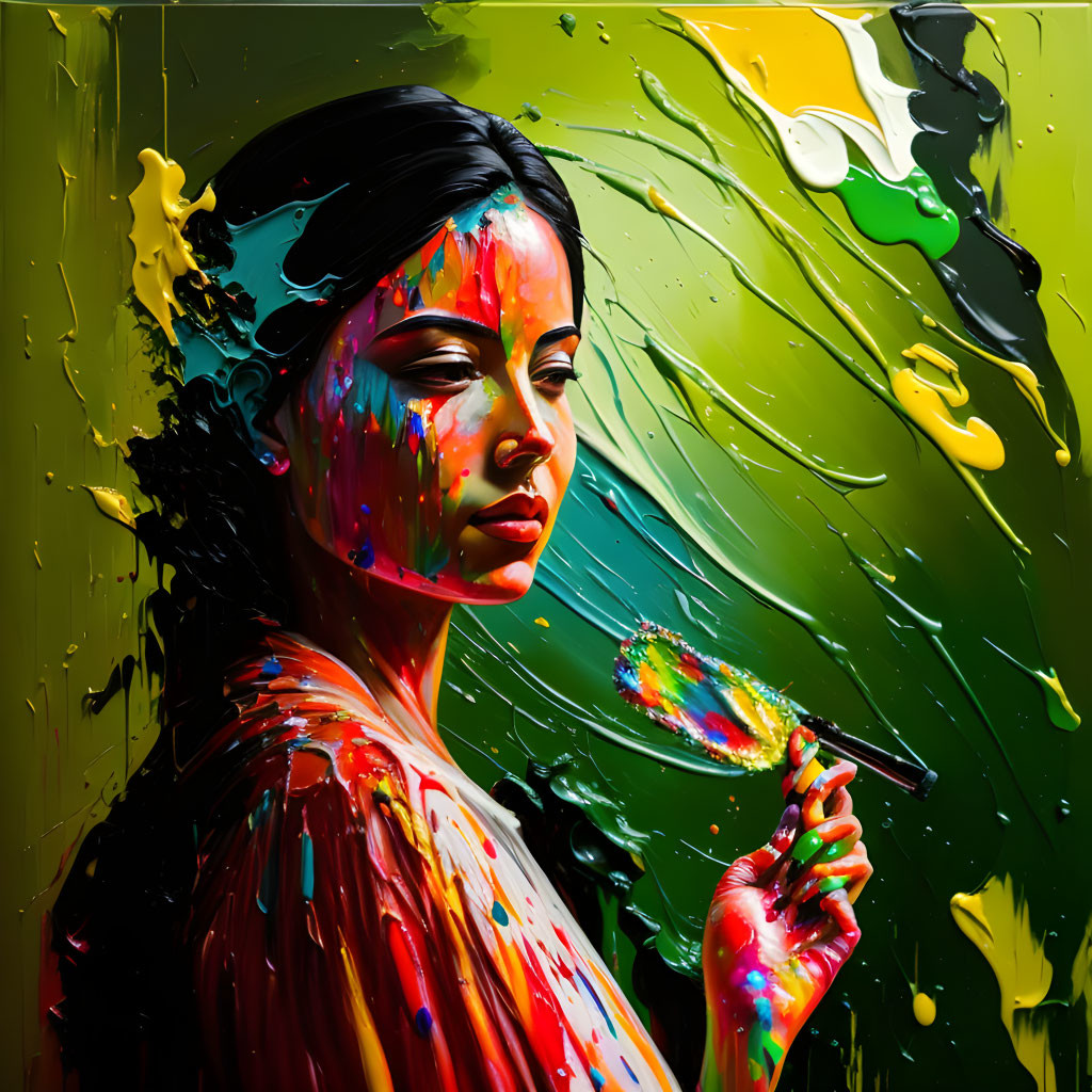 Colorful paint splattered woman holding paintbrush