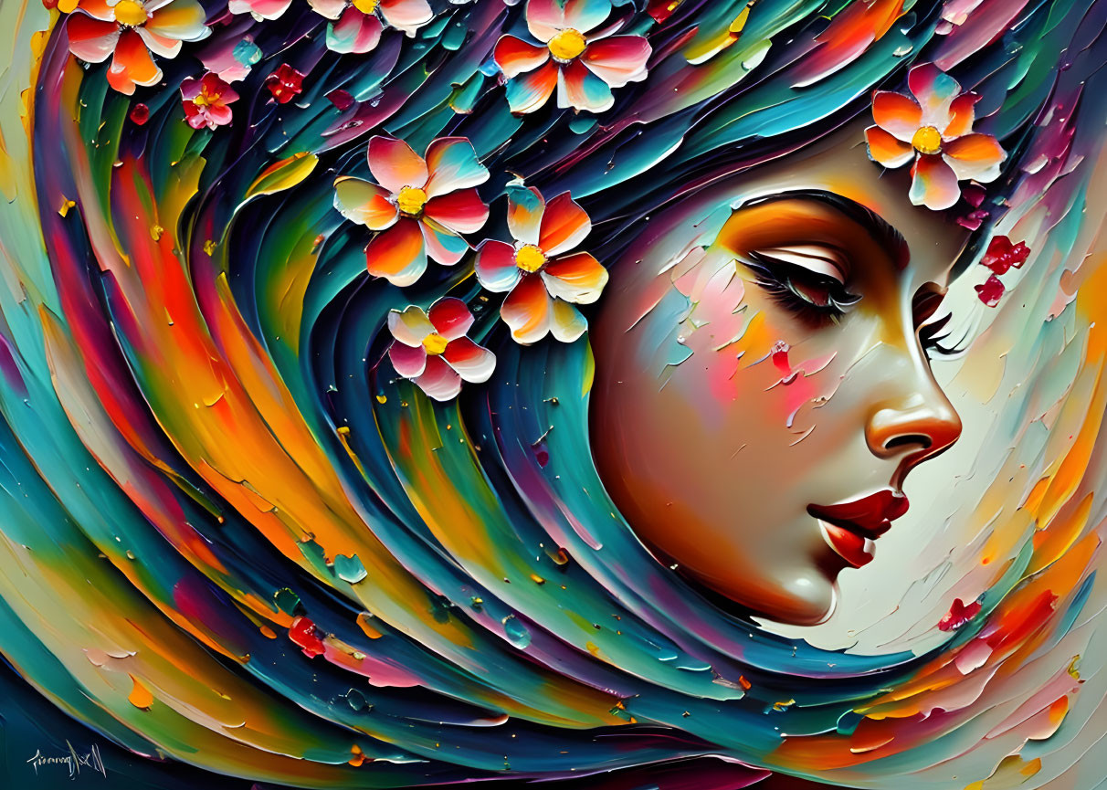 Colorful woman's profile with swirling hair and flowers: artistic illustration