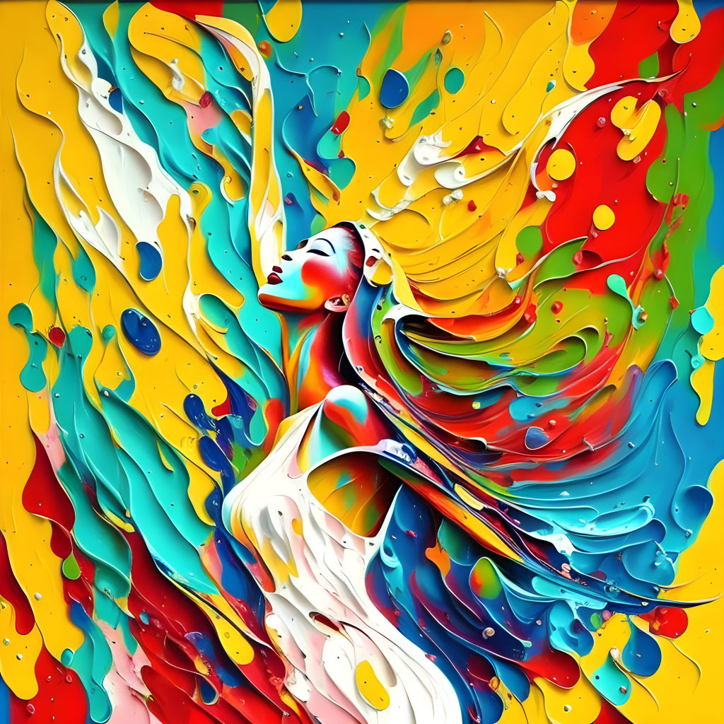 Colorful digital artwork: Woman with flowing hair in abstract red, yellow, blue, white splash