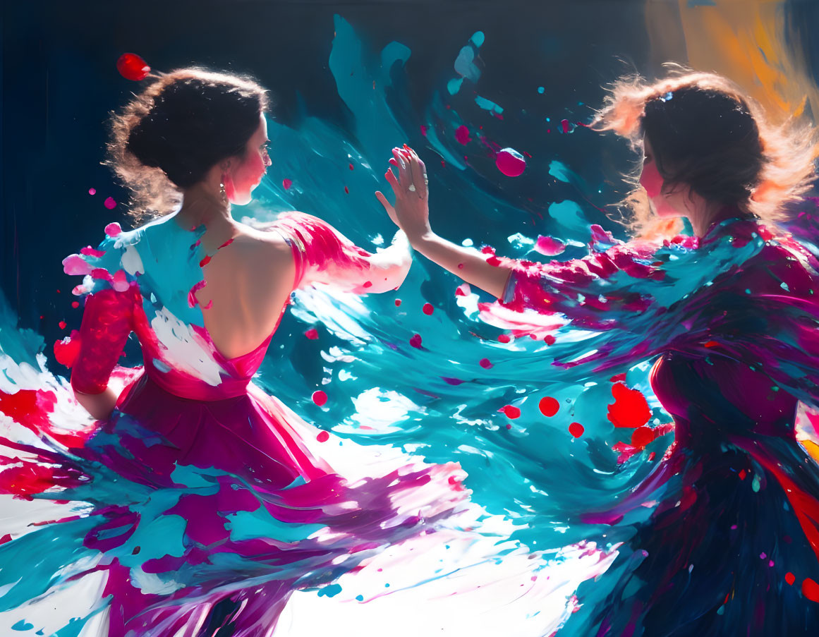 Dynamic artistic depiction of two women merging with vibrant paint splashes