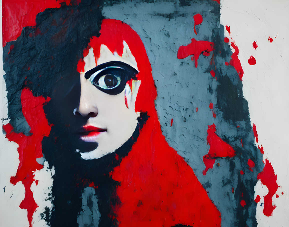 Colorful street art mural featuring a face with red and black smears and a prominent eye