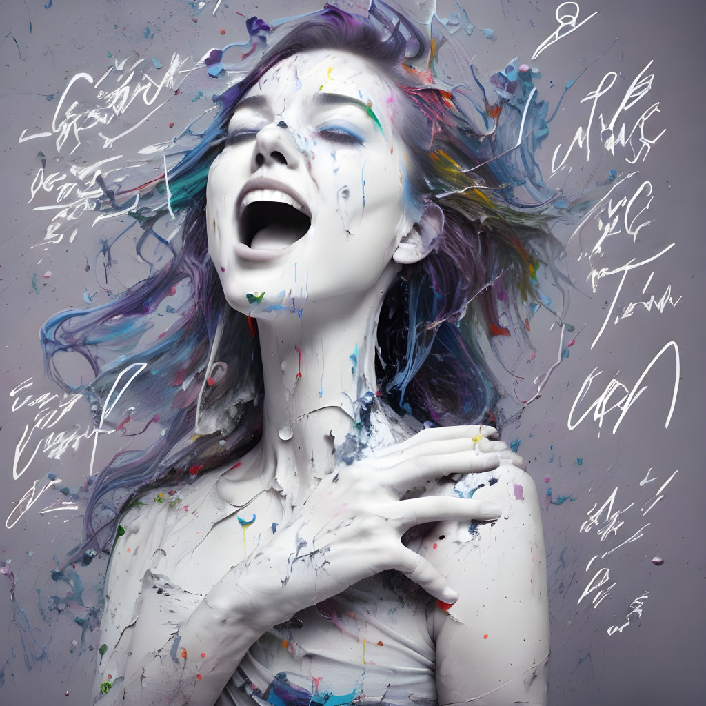 Colorful Woman Laughing Surrounded by Paint Splashes and Calligraphy