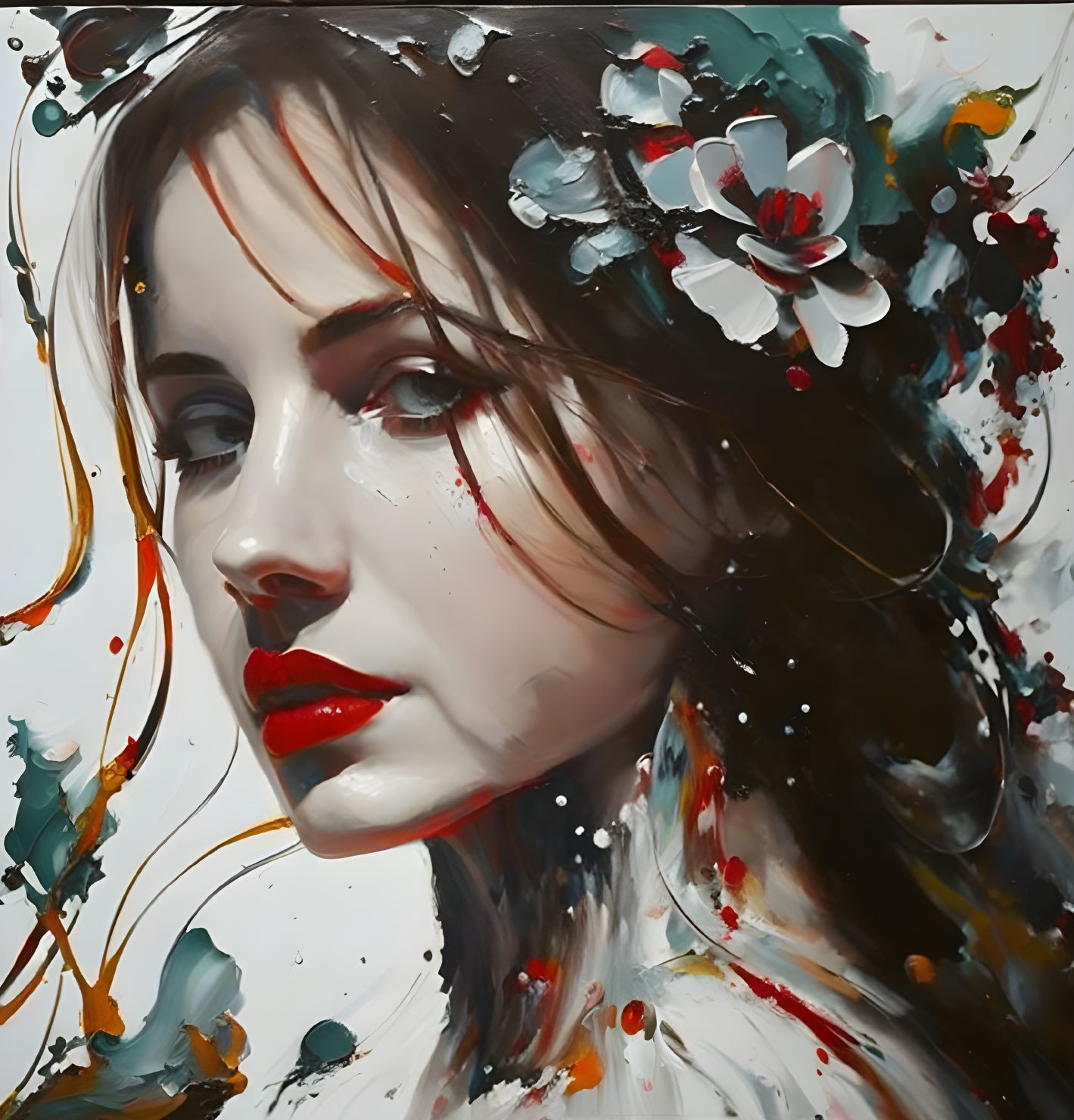 Colorful Abstract Portrait of Woman with Paint Splashes and Flowers