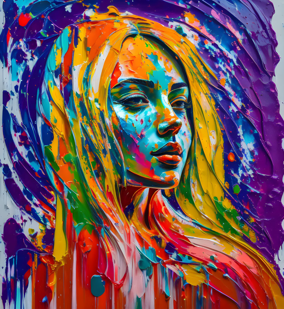 Colorful abstract painting of a woman's profile with vibrant paint splashes.