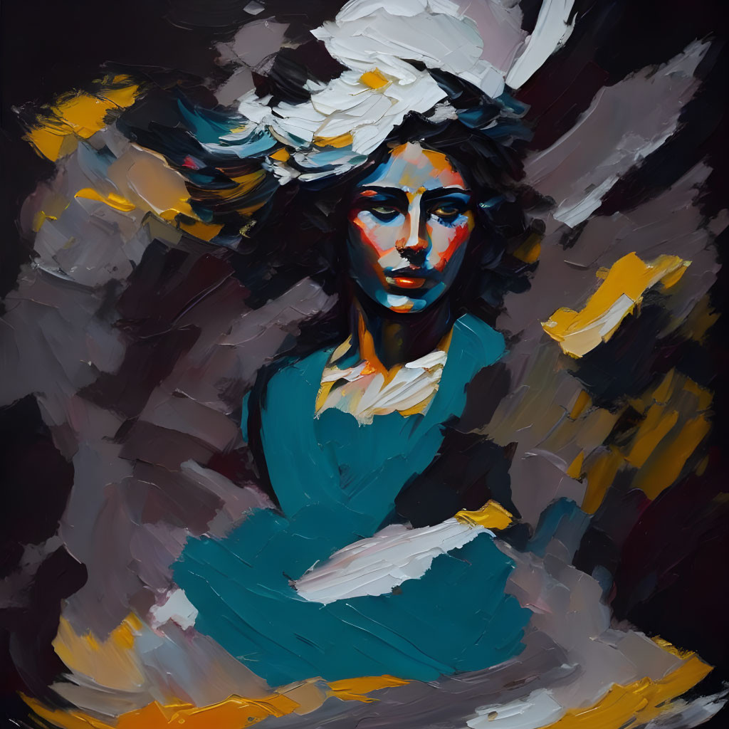 Abstract portrait of a woman with blue and yellow brush strokes on dark background