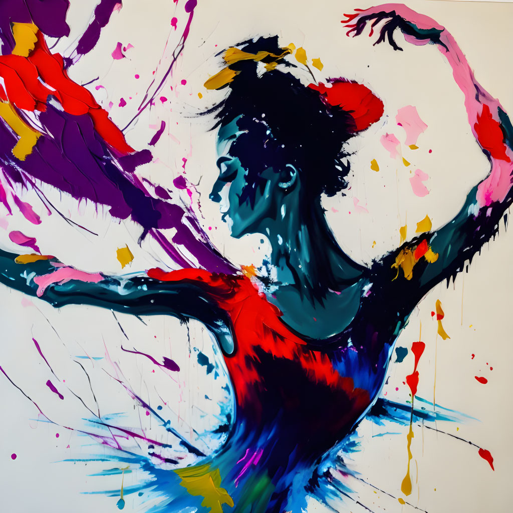 Colorful Painting of Dancing Figure in Motion with Blue, Red, Purple, and Yellow Splashes