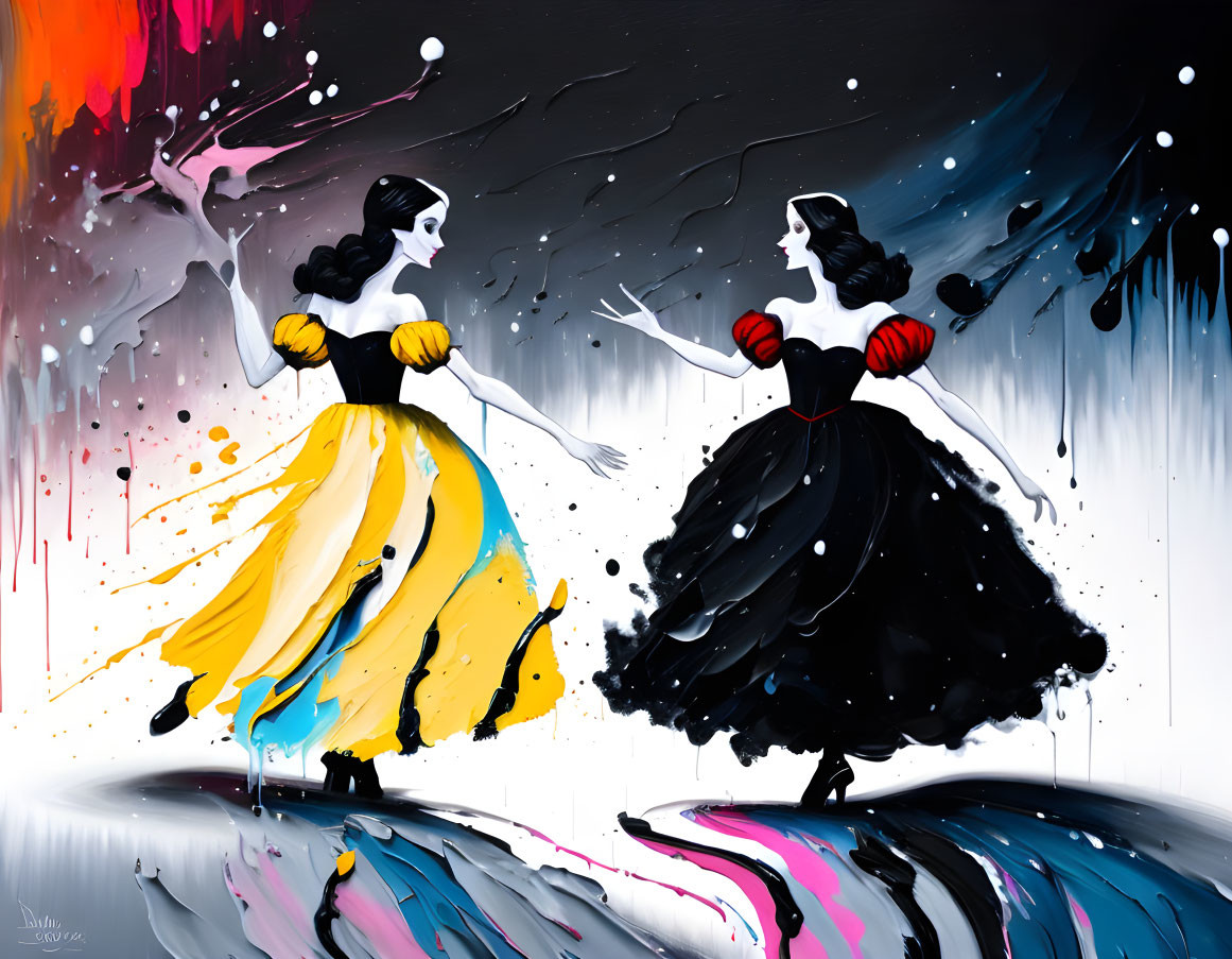 Stylized figures in black and yellow dresses against colorful backdrop