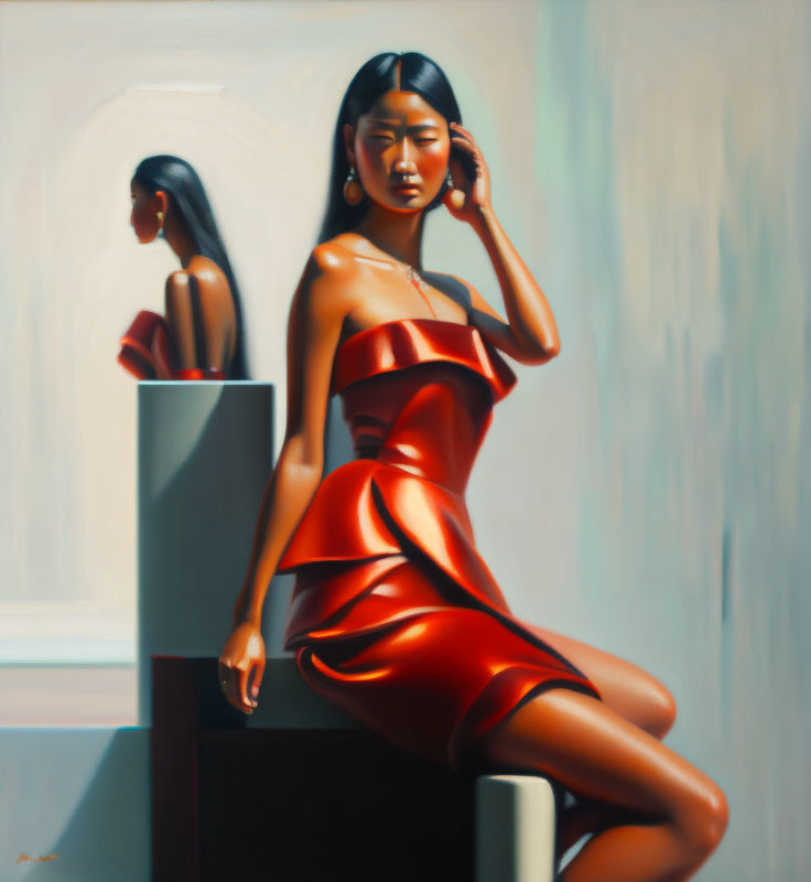 Woman in Red Satin Dress Contemplating with Statue Reflection