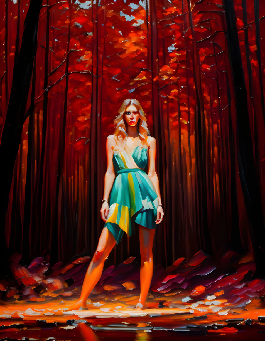 Woman in teal dress in vibrant autumn forest landscape