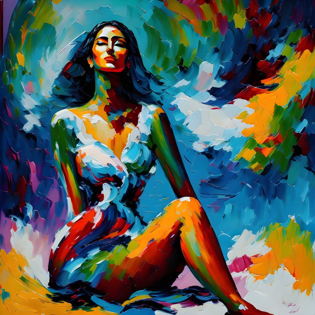 Vibrant abstract painting of seated woman in red, blue, and yellow strokes