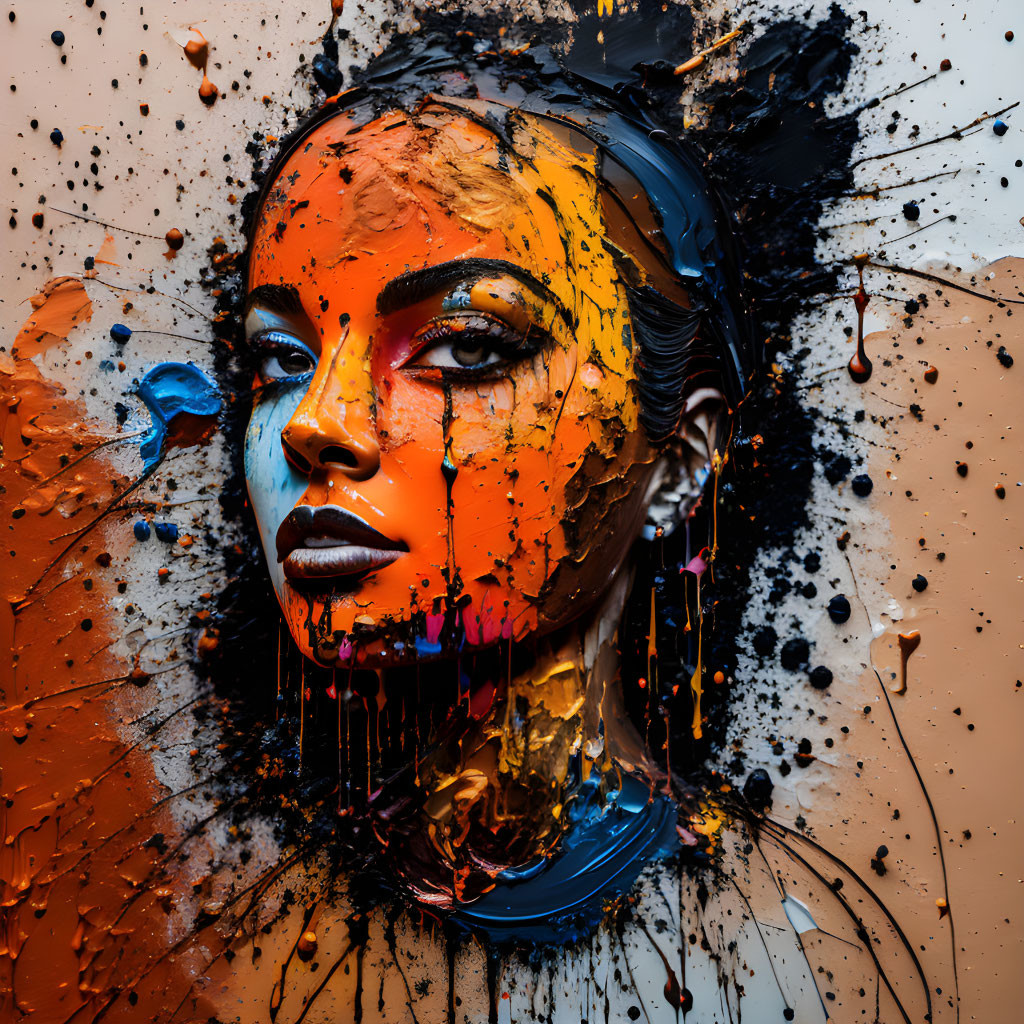 Colorful paint splatters adorn woman's portrait in creative chaos