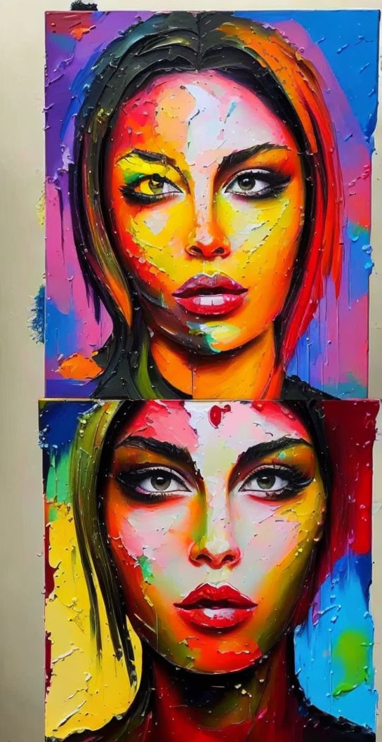 Stylized, colorful female faces with dramatic makeup in vertical panels