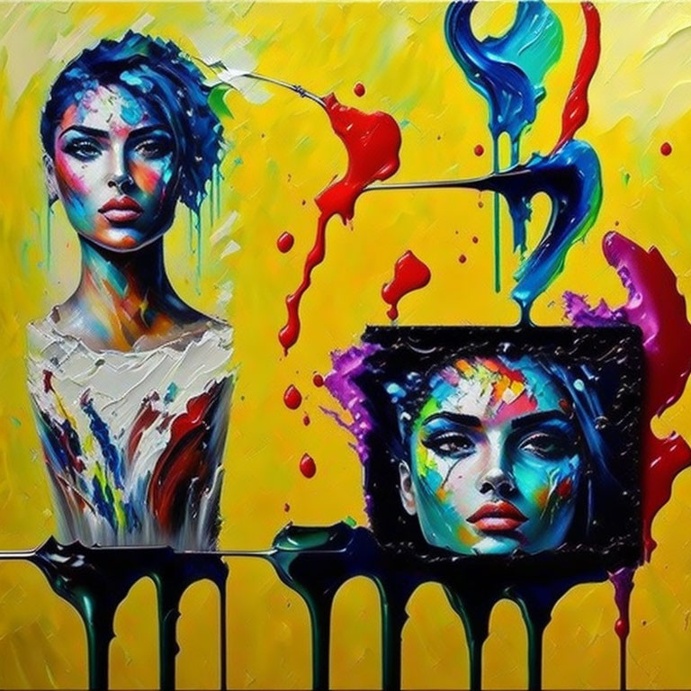 Vibrant abstract painting of a woman's face with colorful splatters on yellow background