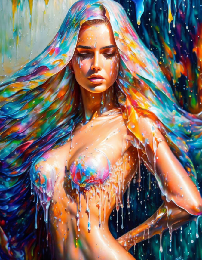 Vibrant artwork featuring woman with colorful flowing hair