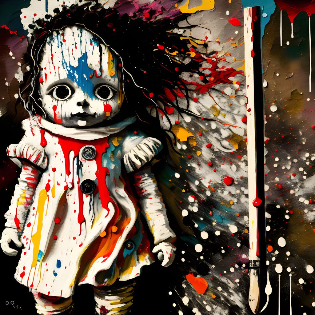 Colorful Abstract Painting: Doll in Astronaut Suit with Vibrant Paint Splashes