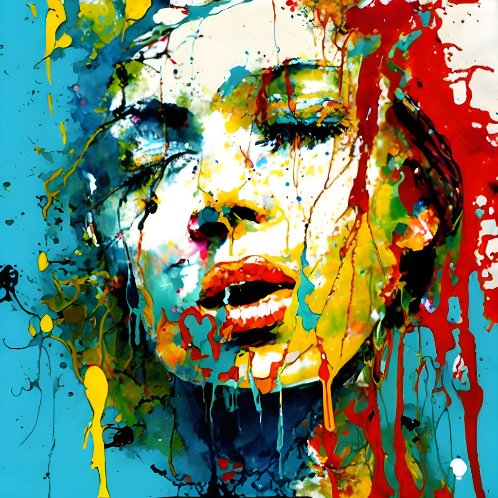 Colorful Abstract Painting of Woman's Face with Blue, Yellow, and Red Splashes