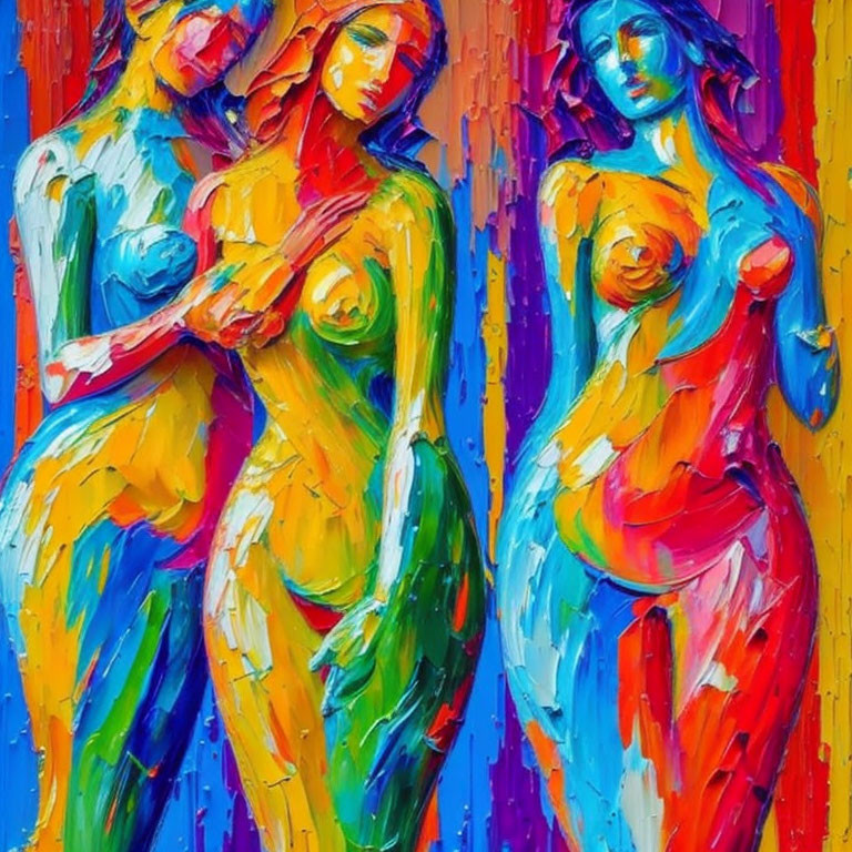 Colorful Abstract Painting Featuring Two Female Figures in Blue, Red, and Yellow Tones